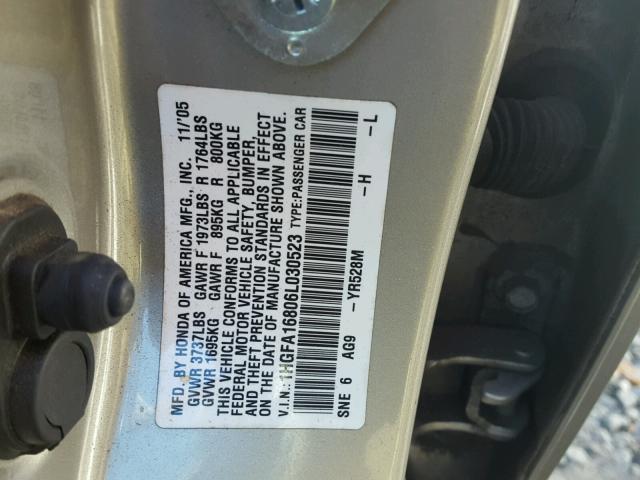 1HGFA16806L030523 - 2006 HONDA CIVIC EX GOLD photo 10