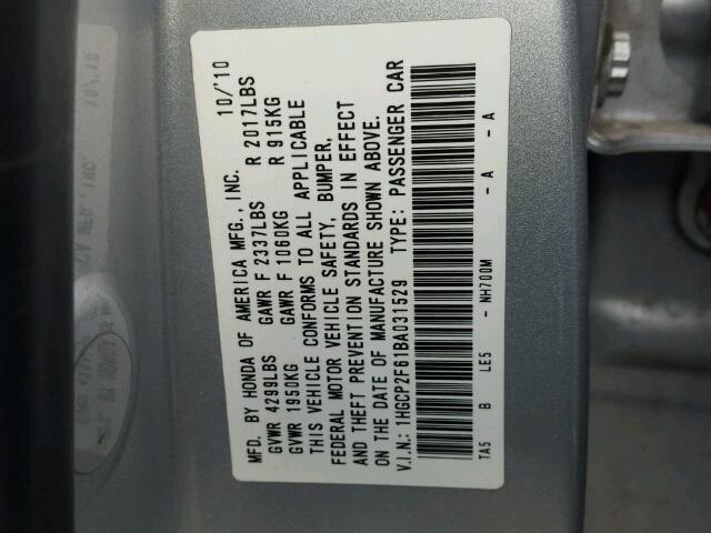 1HGCP2F61BA031529 - 2011 HONDA ACCORD SE SILVER photo 10