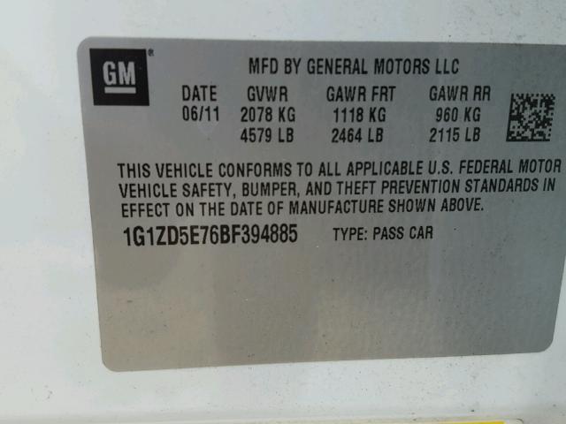 1G1ZD5E76BF394885 - 2011 CHEVROLET MALIBU 2LT WHITE photo 10