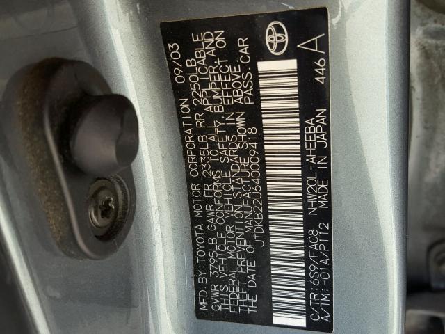 JTDKB22U640009418 - 2004 TOYOTA PRIUS GRAY photo 10