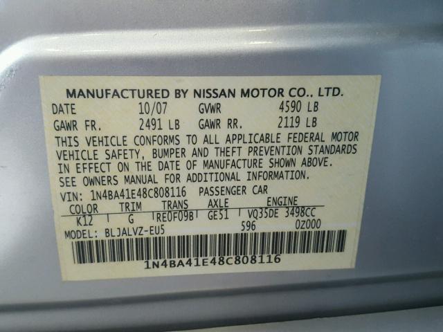 1N4BA41E48C808116 - 2008 NISSAN MAXIMA SE SILVER photo 10