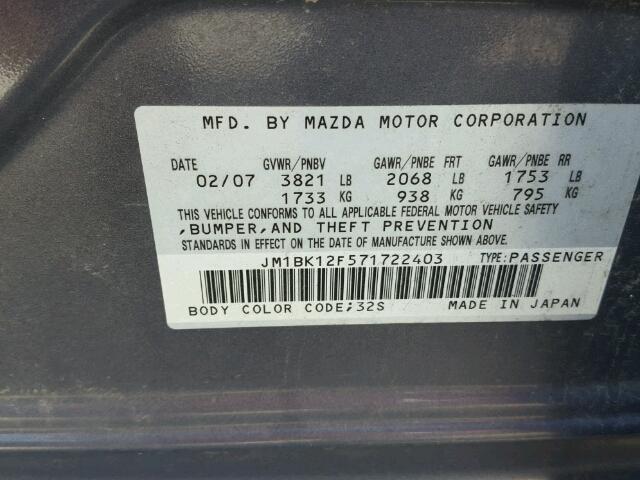 JM1BK12F571722403 - 2007 MAZDA 3 I GRAY photo 10