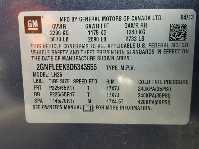 2GNFLEEK8D6343555 - 2013 CHEVROLET EQUINOX LT BLUE photo 10