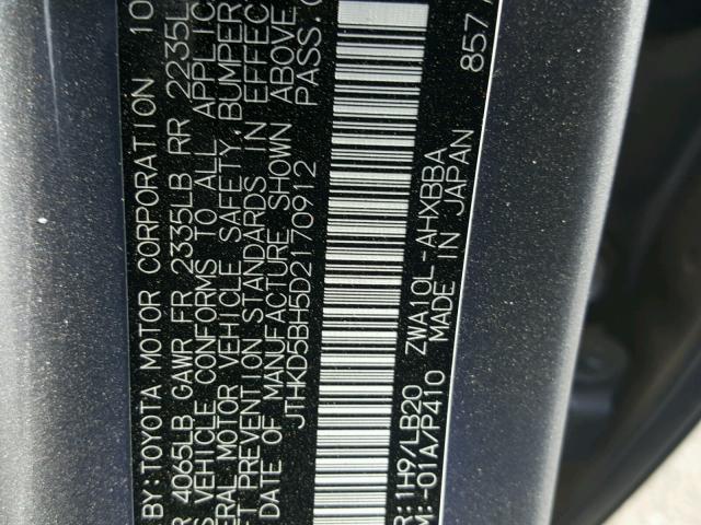 JTHKD5BH5D2170912 - 2013 LEXUS CT 200 GRAY photo 10