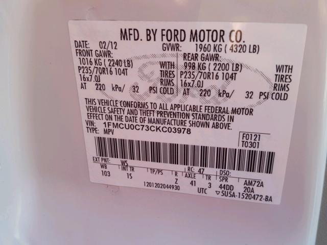 1FMCU0C73CKC03978 - 2012 FORD ESCAPE XLS WHITE photo 10