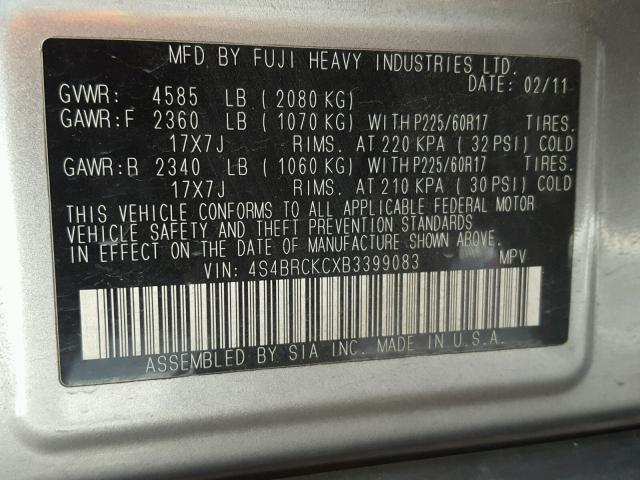 4S4BRCKCXB3399083 - 2011 SUBARU OUTBACK 2. GRAY photo 10