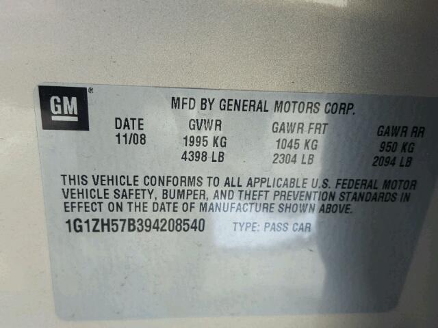 1G1ZH57B394208540 - 2009 CHEVROLET MALIBU 1LT GOLD photo 10