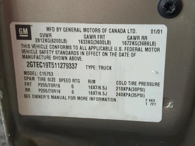 2GTEC19T511279337 - 2001 GMC NEW SIERRA GRAY photo 10