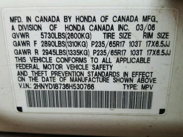 2HNYD18736H530766 - 2006 ACURA MDX TOURIN WHITE photo 10