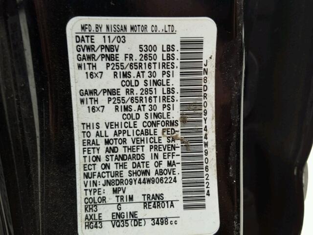 JN8DR09Y44W906224 - 2004 NISSAN PATHFINDER BLACK photo 10