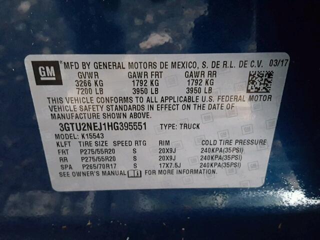 3GTU2NEJ1HG395551 - 2017 GMC SIERRA K15 BLUE photo 10