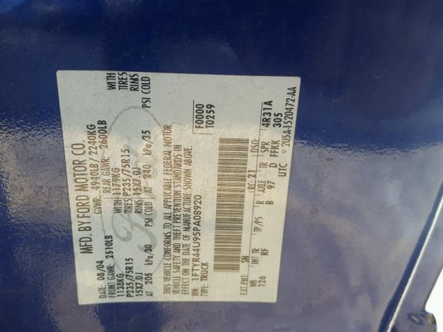 1FTYR44U95PA08920 - 2005 FORD RANGER SUP BLUE photo 10