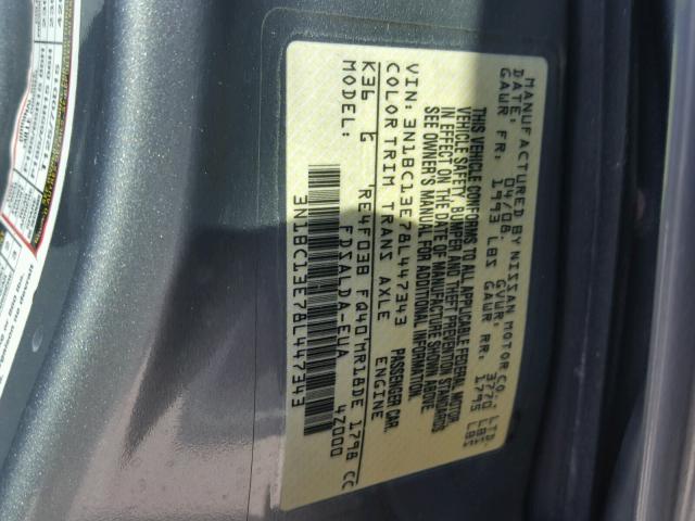 3N1BC13E78L447343 - 2008 NISSAN VERSA S GRAY photo 10