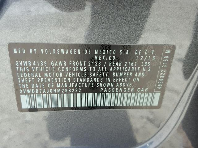 3VWDB7AJ0HM298292 - 2017 VOLKSWAGEN JETTA SE GRAY photo 10