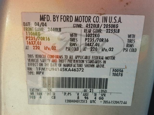 1FMYU94145KA46372 - 2005 FORD ESCAPE LIM SILVER photo 10