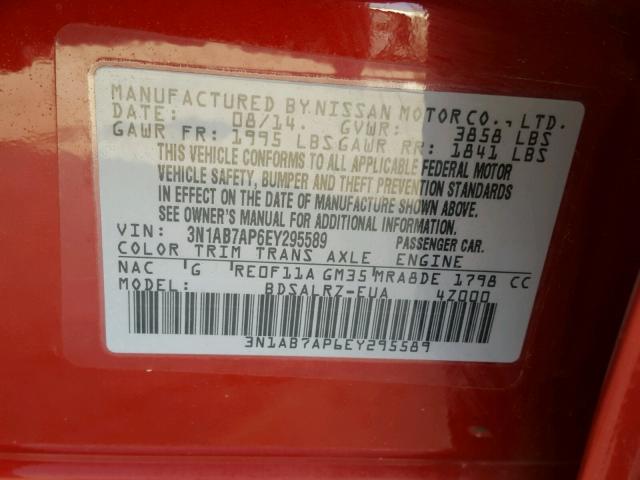 3N1AB7AP6EY295589 - 2014 NISSAN SENTRA S RED photo 10