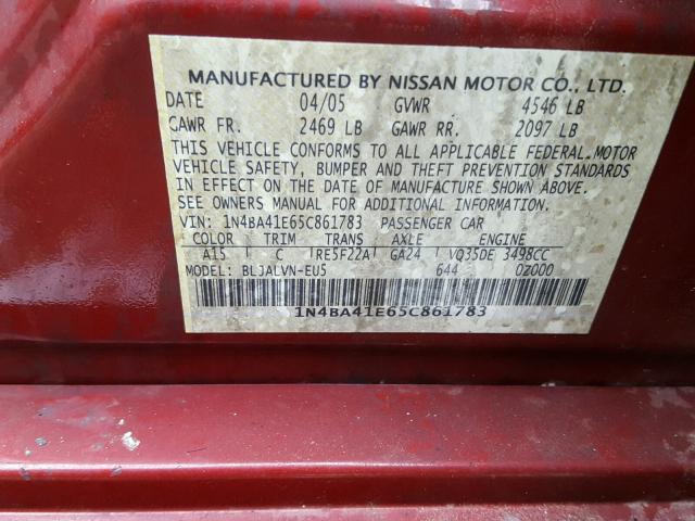 1N4BA41E65C861783 - 2005 NISSAN MAXIMA SE MAROON photo 10