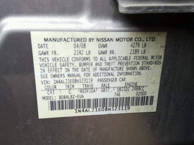 1N4AL21E08N523119 - 2008 NISSAN ALTIMA 2.5 TAN photo 10