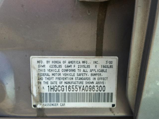 1HGCG1655YA096300 - 2000 HONDA ACCORD EX SILVER photo 10