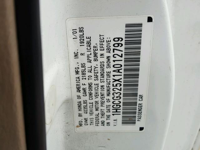 1HGCG325X1A012799 - 2001 HONDA ACCORD WHITE photo 10