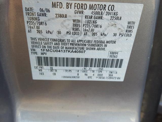 1FMCU04137KA40507 - 2007 FORD ESCAPE LIM SILVER photo 10