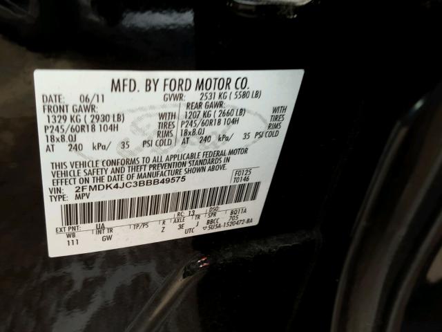 2FMDK4JC3BBB49575 - 2011 FORD EDGE SEL BLACK photo 10