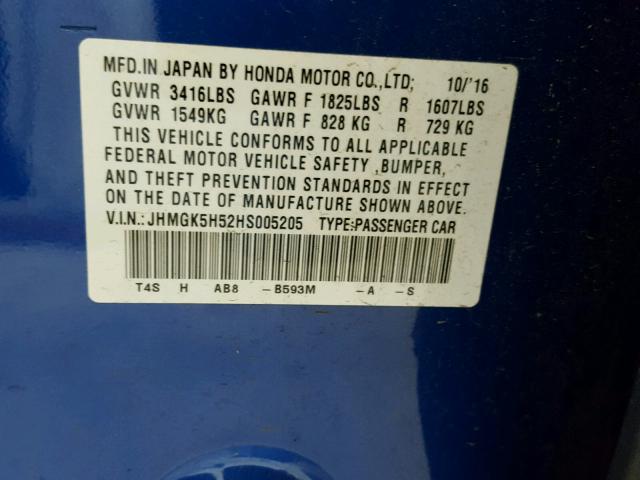 JHMGK5H52HS005205 - 2017 HONDA FIT LX Mavi fotoğraf 10