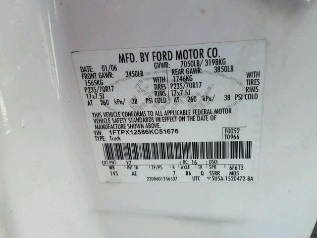 1FTPX12586KC51676 - 2006 FORD F150 WHITE photo 10