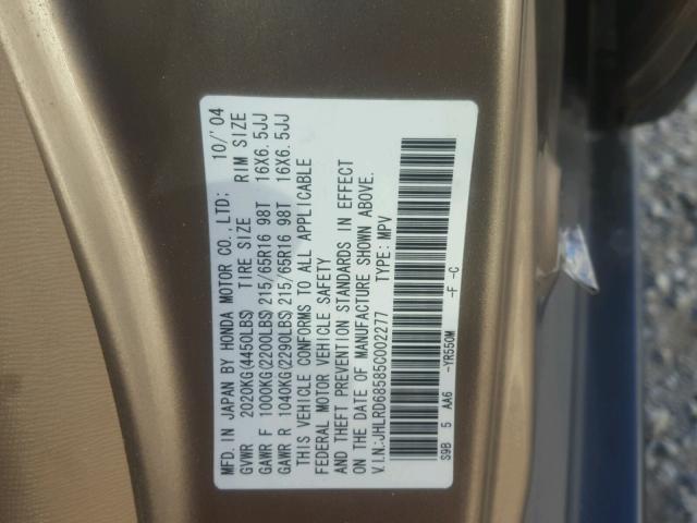 JHLRD68585C002277 - 2005 HONDA CR-V TAN photo 10