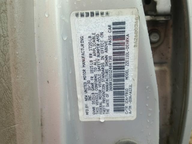 1NXBR12E01Z484738 - 2001 TOYOTA COROLLA CE SILVER photo 10