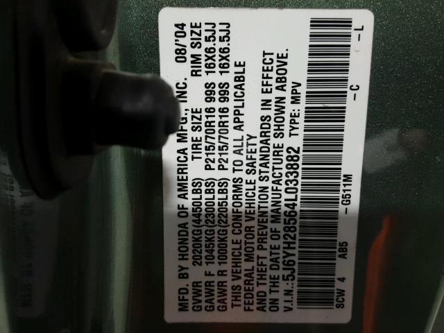 5J6YH28564L033882 - 2004 HONDA ELEMENT EX GREEN photo 10