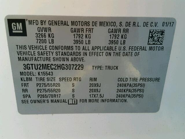 3GTU2MEC2HG307229 - 2017 GMC SIERRA K15 WHITE photo 10