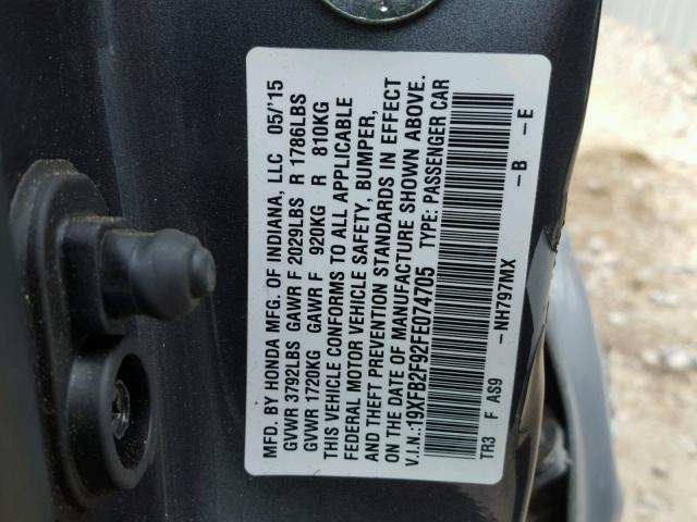 19XFB2F92FE074705 - 2015 HONDA CIVIC EXL CHARCOAL photo 10