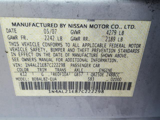 1N4AL21E87C222298 - 2007 NISSAN ALTIMA 2.5 SILVER photo 10