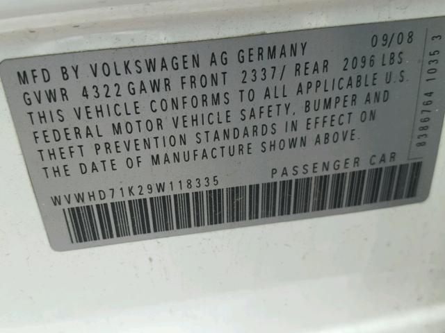 WVWHD71K29W118335 - 2009 VOLKSWAGEN GTI WHITE photo 10