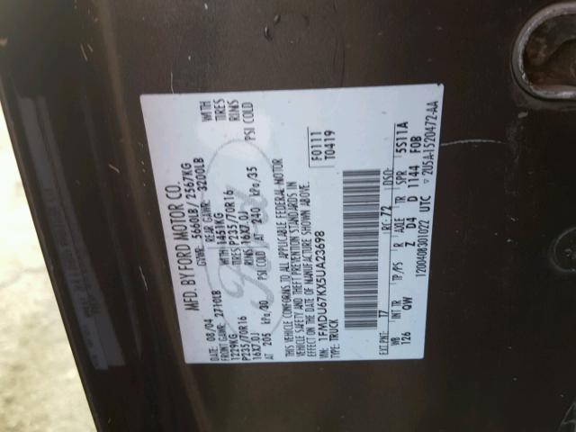 1FMDU67KX5UA23698 - 2005 FORD EXPLORER S GRAY photo 10