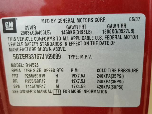 5GZER33767J169089 - 2007 SATURN OUTLOOK SP მუქწითელი ფოტო 10