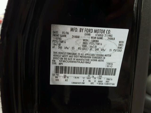 1FMCU59H07KA01862 - 2007 FORD ESCAPE HEV BLACK photo 10