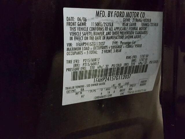 1FAHP24157G112037 - 2007 FORD FIVE HUNDR BLACK photo 10