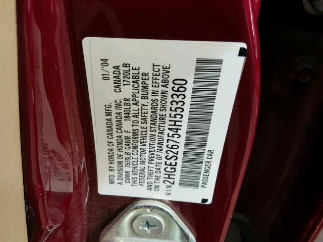 2HGES26754H553360 - 2004 HONDA CIVIC EX BURGUNDY photo 10