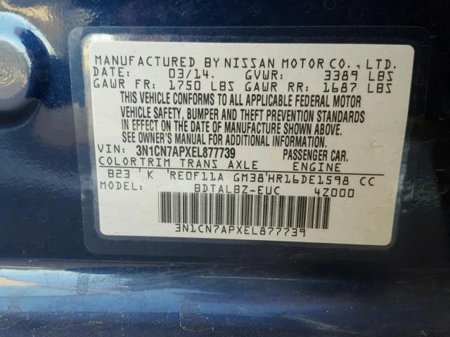 3N1CN7APXEL877739 - 2014 NISSAN VERSA S BLUE photo 10