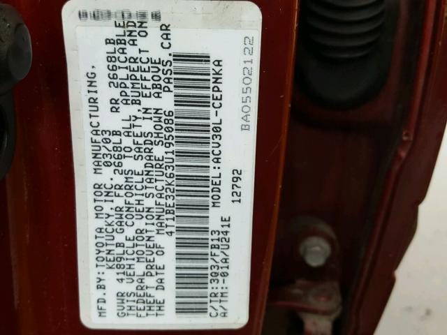4T1BE32K63U195086 - 2003 TOYOTA CAMRY LE RED photo 10