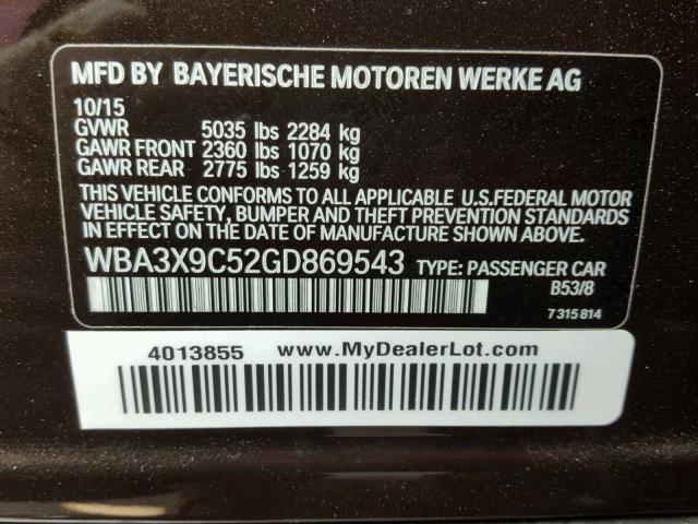 WBA3X9C52GD869543 - 2016 BMW 335 XIGT BROWN photo 10