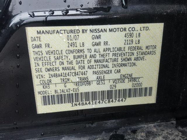 1N4BA41E47C847447 - 2007 NISSAN MAXIMA SE BLACK photo 10