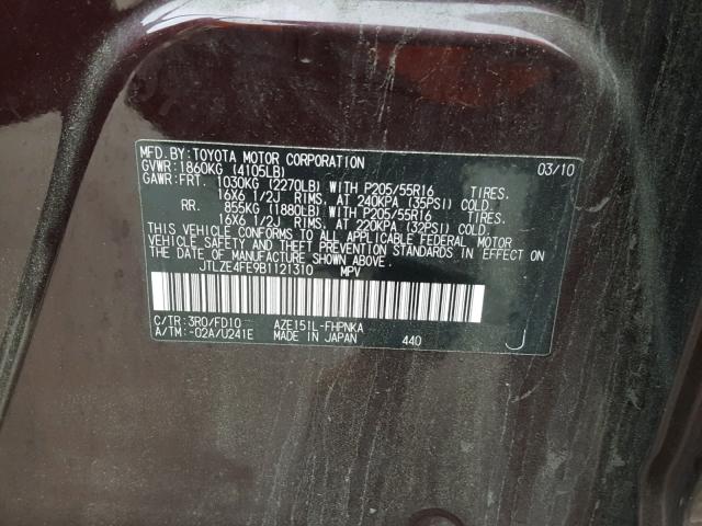 JTLZE4FE9B1121310 - 2011 TOYOTA SCION XB Bordo foto 10