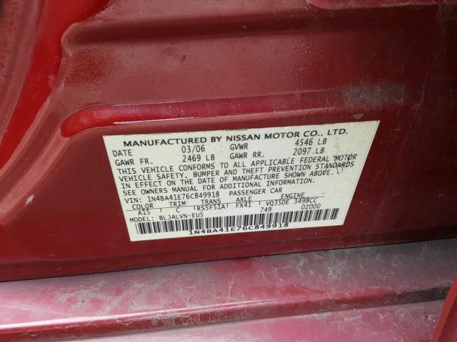 1N4BA41E76C849918 - 2006 NISSAN MAXIMA SE BURGUNDY photo 10