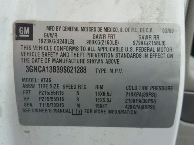 3GNCA13B39S621288 - 2009 CHEVROLET HHR LS WHITE photo 10