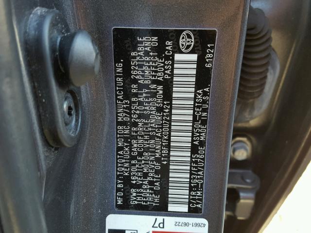 4T1BF1FK0DU721421 - 2013 TOYOTA CAMRY L GRAY photo 10