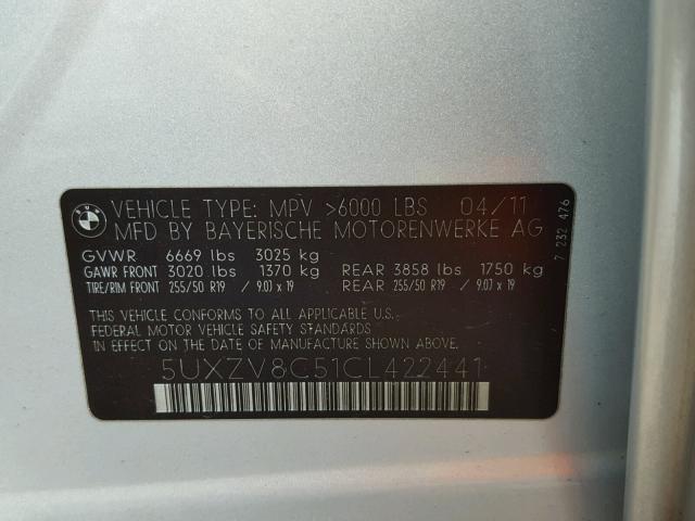 5UXZV8C51CL422441 - 2012 BMW X5 XDRIVE5 SILVER photo 10