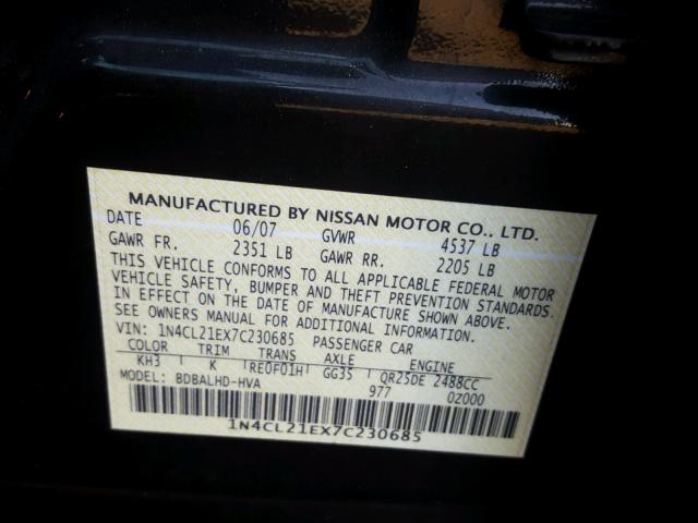 1N4CL21EX7C230685 - 2007 NISSAN ALTIMA HYB BLACK photo 10